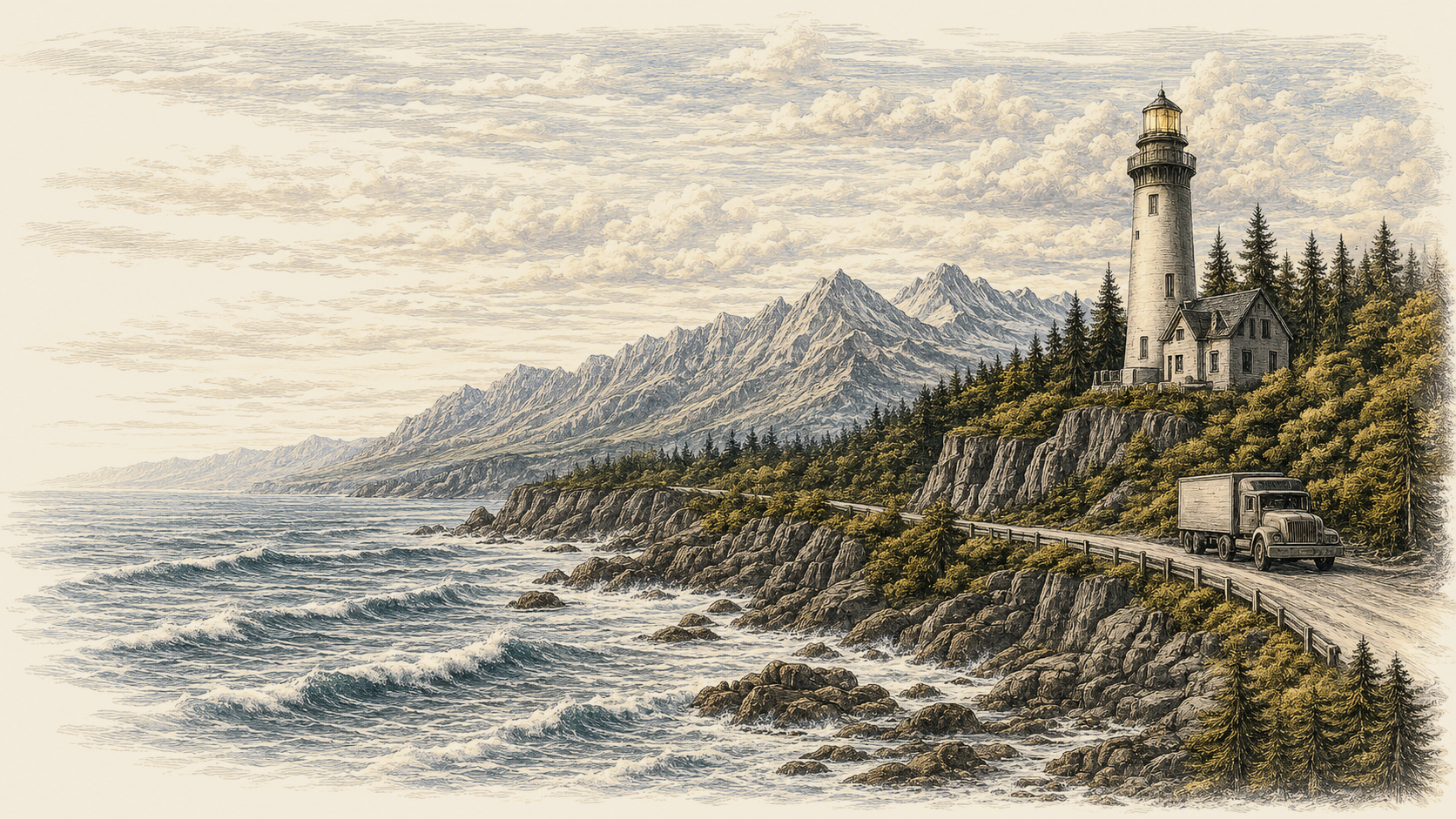 Coastal lighthouse above a cliff road with a truck — engraving